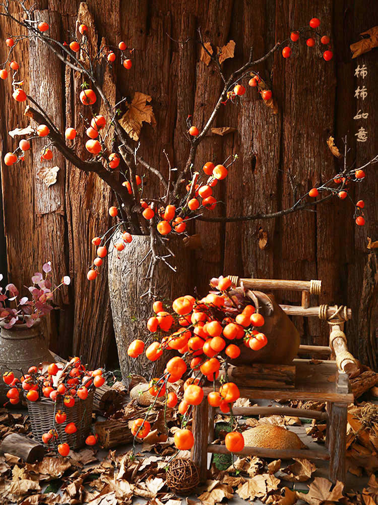 Branche décorative en soie avec kakis rouges, 108 cm, style rétro et champêtre, pour décoration intérieure, mariage ou boutique