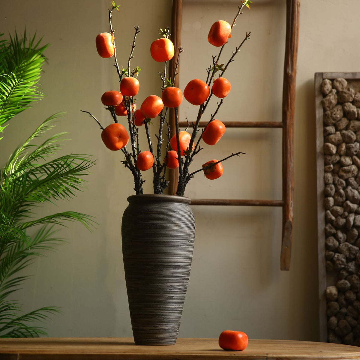 Branche décorative en soie avec kakis rouges, 108 cm, style rétro et champêtre, pour décoration intérieure, mariage ou boutique