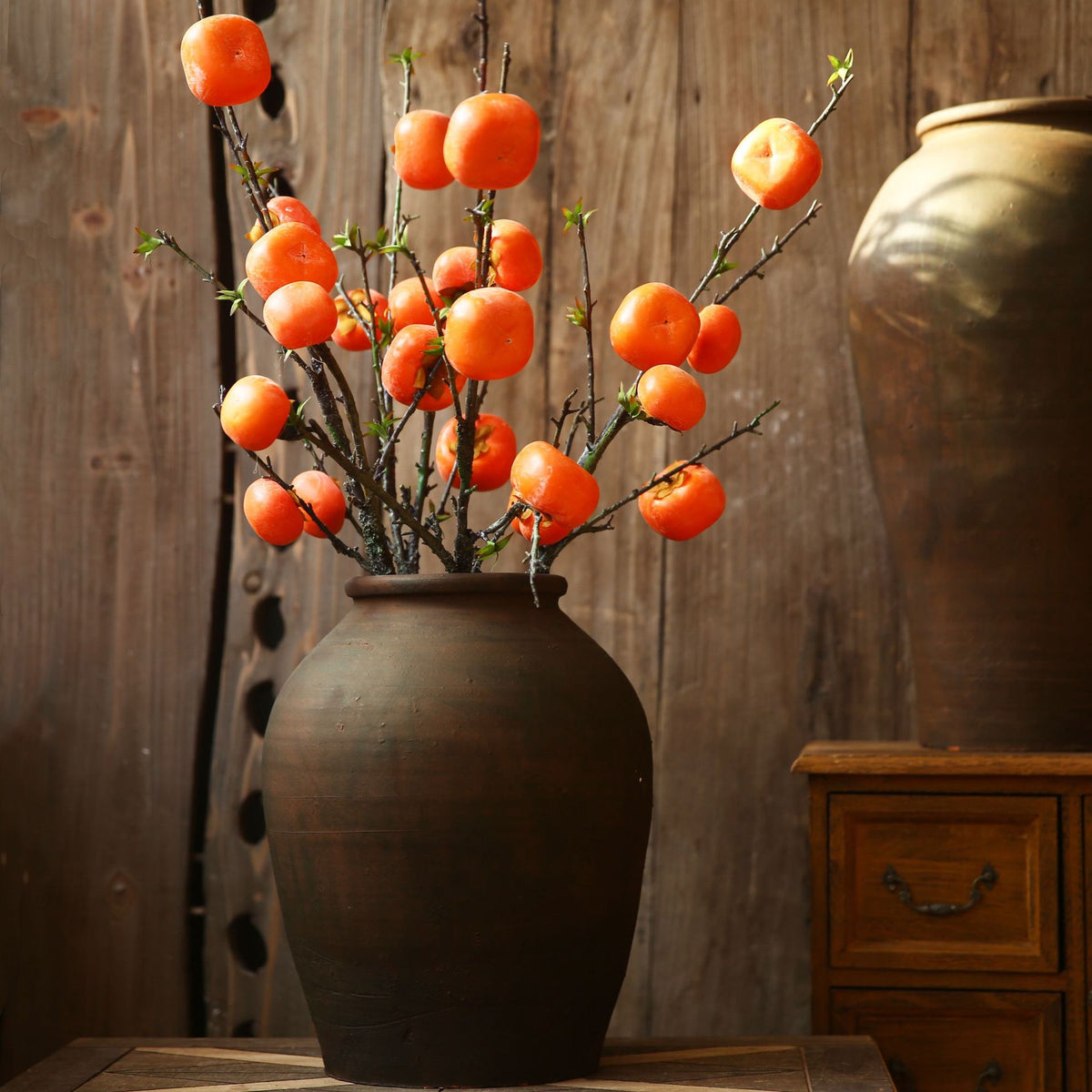 Branche décorative en soie avec kakis rouges, 108 cm, style rétro et champêtre, pour décoration intérieure, mariage ou boutique