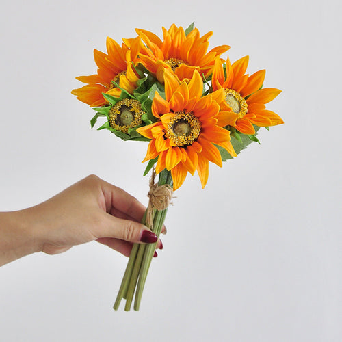 Bouquet de Tournesols Artificiels Toucher Réel, 5 Tiges 33 cm, Fleurs Jaunes Ultra-Réalistes pour Vase, Décoration Maison, Mariage Champêtre