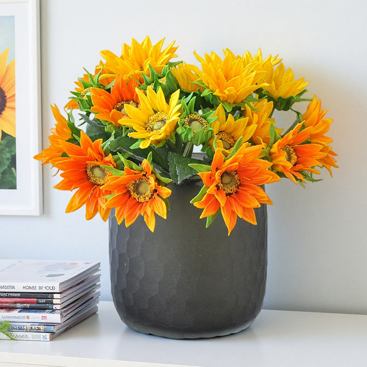 Bouquet de Tournesols Artificiels Toucher Réel, 5 Tiges 33 cm, Fleurs Jaunes Ultra-Réalistes pour Vase, Décoration Maison, Mariage Champêtre