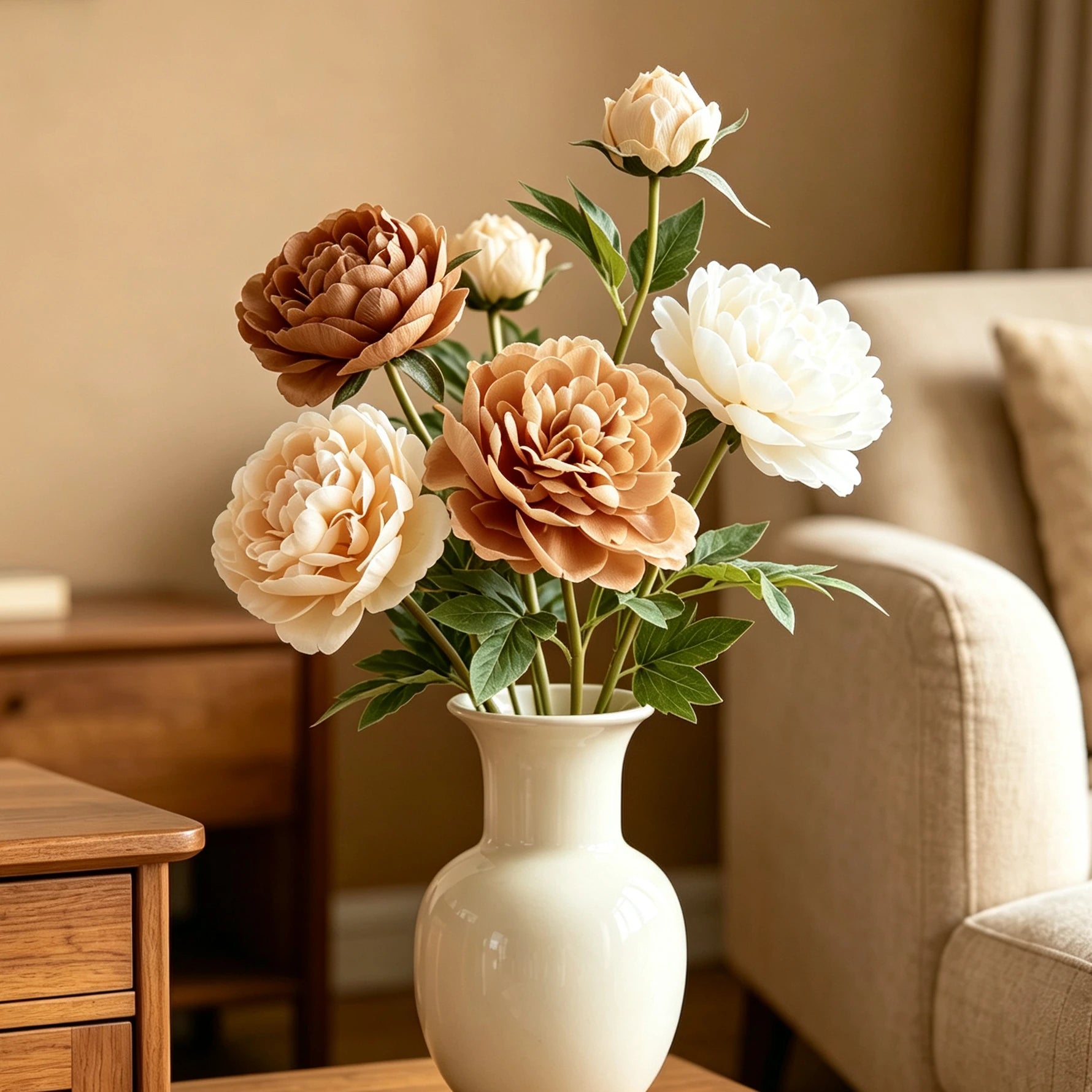 Tige de Pivoine Artificielle 74 cm, Grande Fleur au Toucher Réel, Tons d'Automne pour Vase, Décoration de Mariage, Composition Florale
