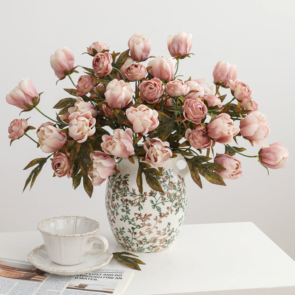 Tige de Pivoine Artificielle 45cm, Rose Poudré d'Automne, Qualité Réaliste, pour Bouquet, Décoration Maison, Mariage Champêtre, Style Rétro