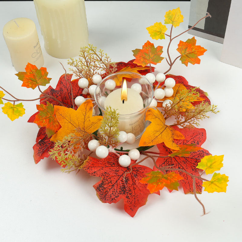 Couronne d'Automne Artificielle 35cm, Bougeoir Centre de Table, Baies & Citrouilles, Décoration Champêtre Rustique pour Fête, Mariage, Maison