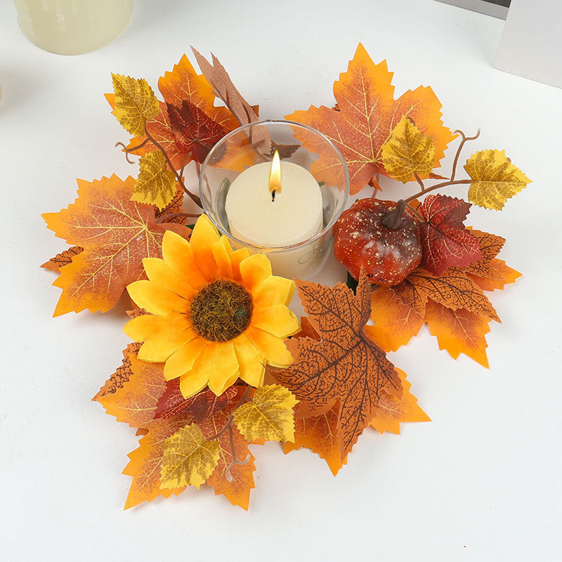 Couronne d'Automne Artificielle 35cm, Bougeoir Centre de Table, Baies & Citrouilles, Décoration Champêtre Rustique pour Fête, Mariage, Maison
