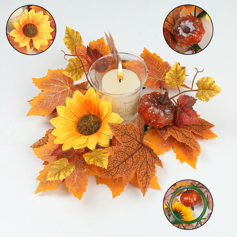 Couronne d'Automne Artificielle 35cm, Bougeoir Centre de Table, Baies & Citrouilles, Décoration Champêtre Rustique pour Fête, Mariage, Maison