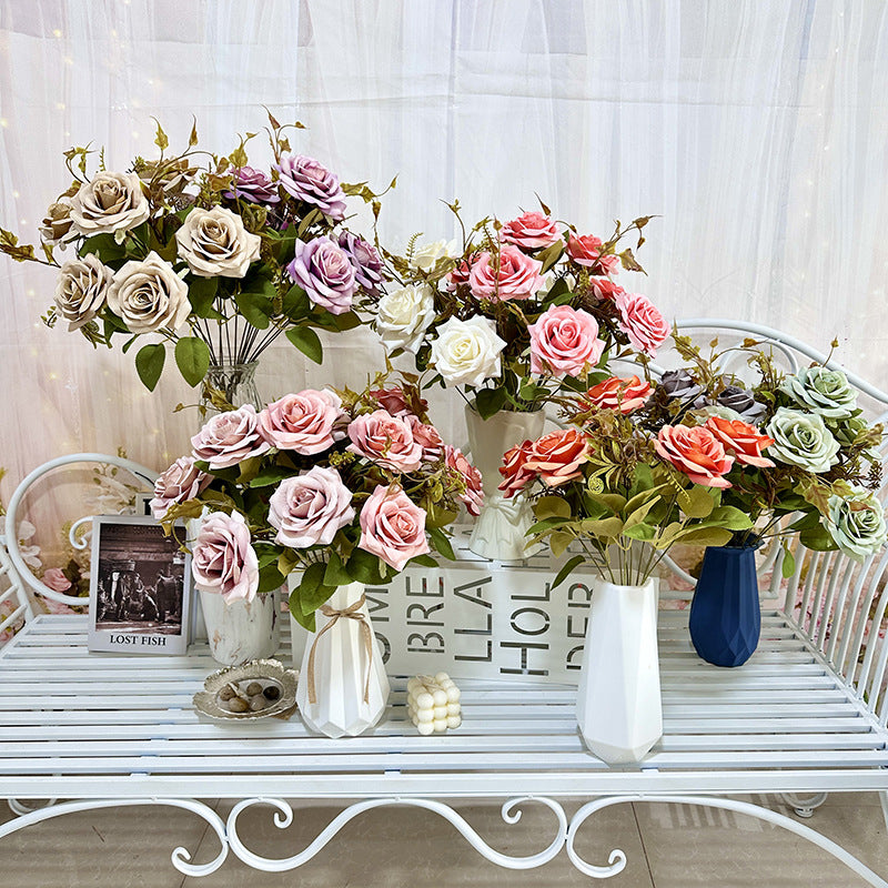 Rose Artificielle Vintage, Bouquet de 7 Fleurs 55 cm, Aspect Naturel, pour Vase, Déco Maison, Mariage Champêtre, Style Sud de la France