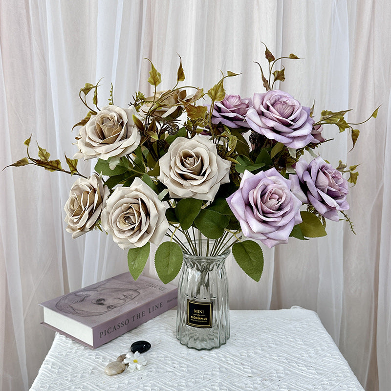 Rose Artificielle Vintage, Bouquet de 7 Fleurs 55 cm, Aspect Naturel, pour Vase, Déco Maison, Mariage Champêtre, Style Sud de la France