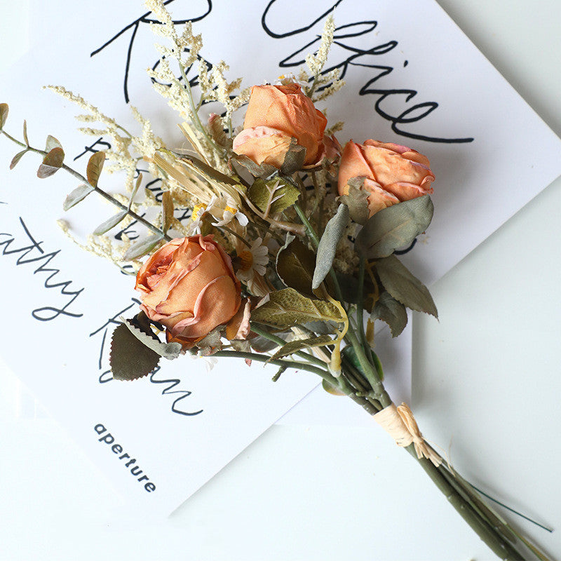 Bouquet de roses et marguerites aux teintes automnales, 36 cm, fleurs artificielles réalistes, décoration intérieure, mariage, événements, style vintage