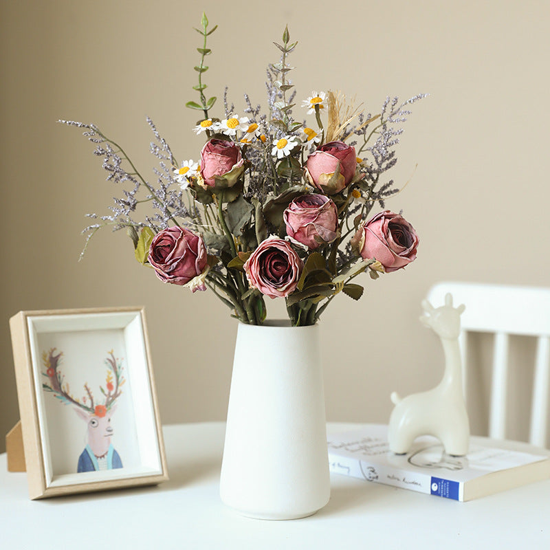 Bouquet de roses et marguerites aux teintes automnales, 36 cm, fleurs artificielles réalistes, décoration intérieure, mariage, événements, style vintage
