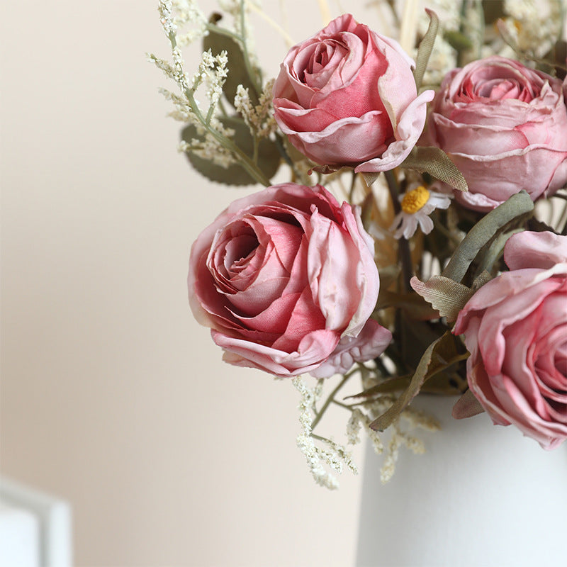 Bouquet de roses et marguerites aux teintes automnales, 36 cm, fleurs artificielles réalistes, décoration intérieure, mariage, événements, style vintage
