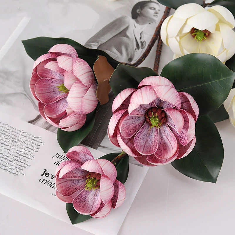 Branche de Magnolia Artificiel 70 cm, Fleur Touche Réelle, Décoration d'Intérieur Élégance Rétro, Bouquet Mariage Champêtre, Composition Florale