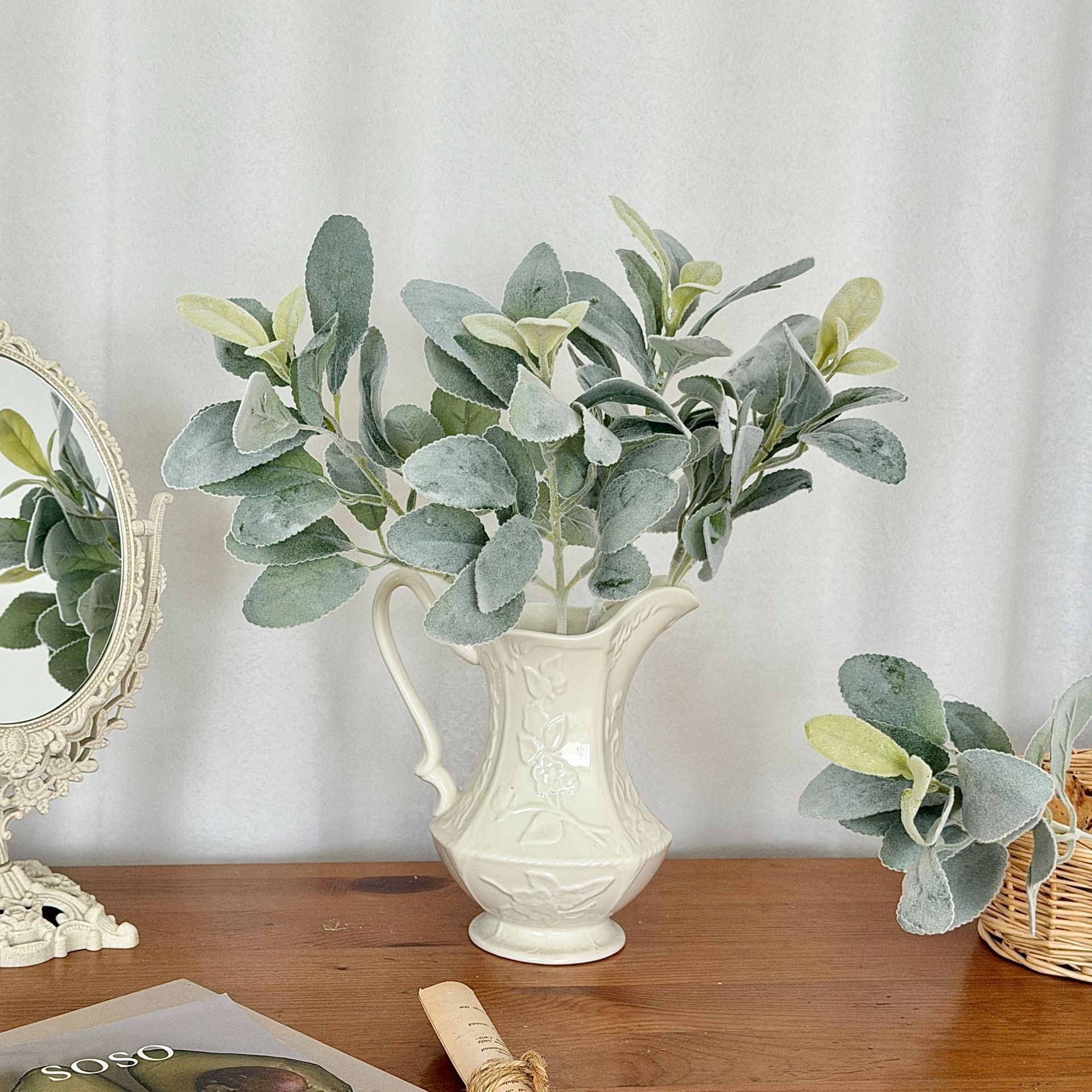 Oreille d'Ours Artificielle (Stachys), 37 cm, Tige Floquée au Réalisme Saisissant, Vert Poudré, pour Déco Champêtre, Mariage, Maison