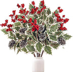 Lot de 2 Bouquets Artificiels Baies Rouges et Pommes de Pin, 41 cm, Feuillage Givré, Décoration de Noël, Ambiance Champêtre pour Maison, Mariage, Fêtes
