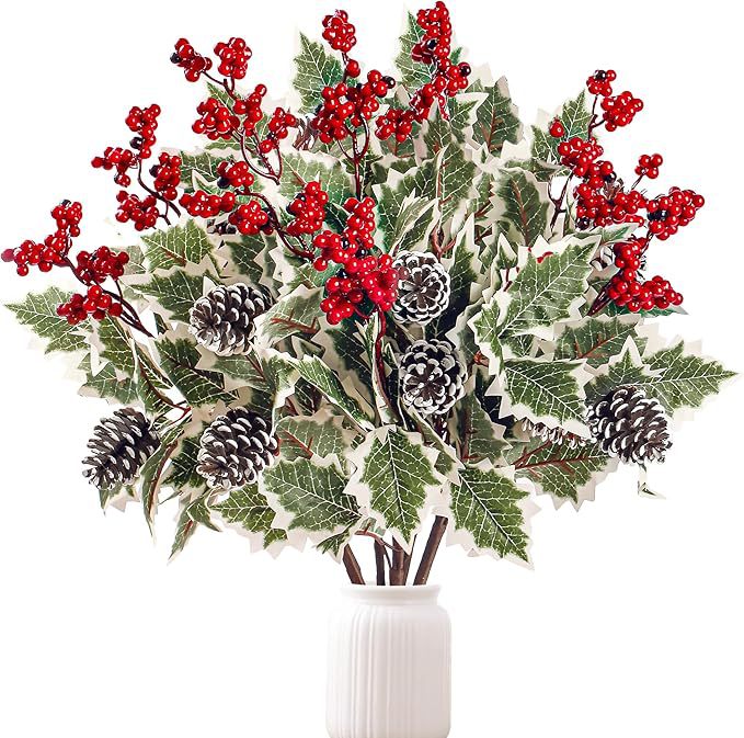 Lot de 2 Bouquets Artificiels Baies Rouges et Pommes de Pin, 41 cm, Feuillage Givré, Décoration de Noël, Ambiance Champêtre pour Maison, Mariage, Fêtes