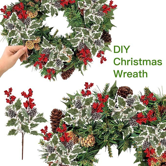 Lot de 2 Bouquets Artificiels Baies Rouges et Pommes de Pin, 41 cm, Feuillage Givré, Décoration de Noël, Ambiance Champêtre pour Maison, Mariage, Fêtes