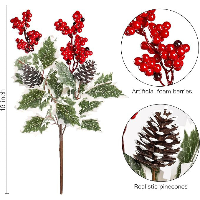 Lot de 2 Bouquets Artificiels Baies Rouges et Pommes de Pin, 41 cm, Feuillage Givré, Décoration de Noël, Ambiance Champêtre pour Maison, Mariage, Fêtes