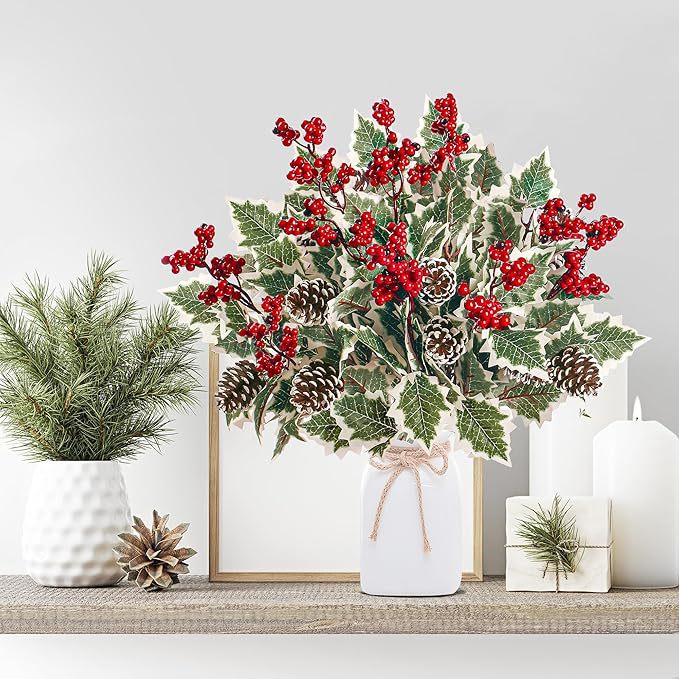 Lot de 2 Bouquets Artificiels Baies Rouges et Pommes de Pin, 41 cm, Feuillage Givré, Décoration de Noël, Ambiance Champêtre pour Maison, Mariage, Fêtes