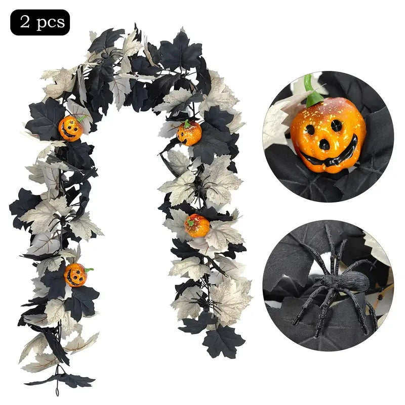 Décoration d'Halloween en Vigne Artificielle, 200 cm, Feuilles d'Erable et Citrouilles, Parfait pour Mariages, Intérieur et Extérieur, Événements Festifs