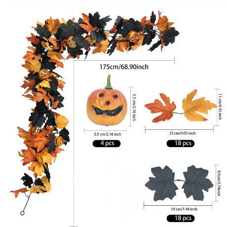 Décoration d'Halloween en Vigne Artificielle, 200 cm, Feuilles d'Erable et Citrouilles, Parfait pour Mariages, Intérieur et Extérieur, Événements Festifs