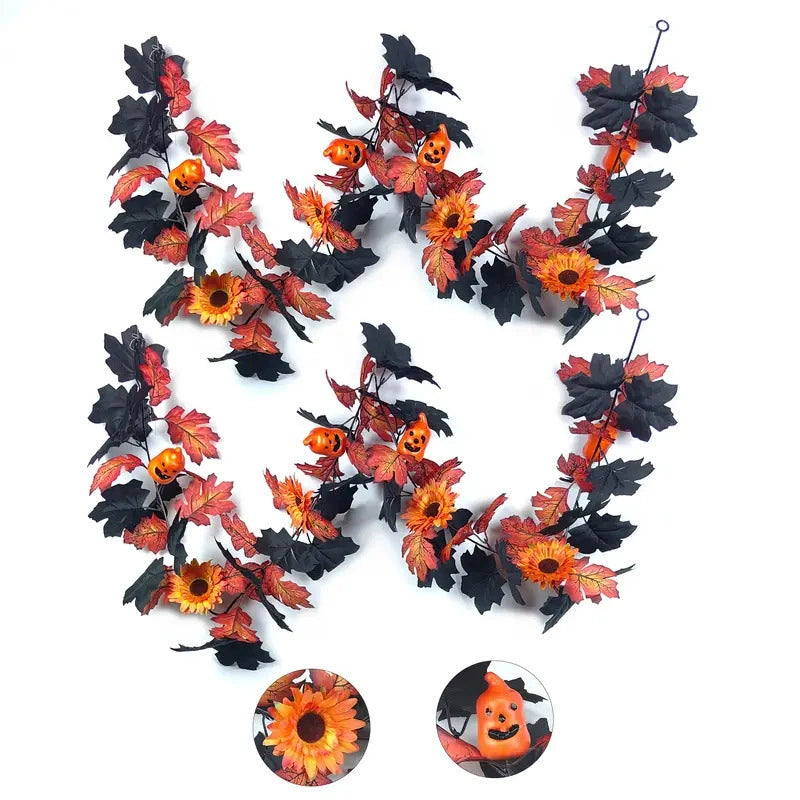 Décoration d'Halloween en Vigne Artificielle, 200 cm, Feuilles d'Erable et Citrouilles, Parfait pour Mariages, Intérieur et Extérieur, Événements Festifs