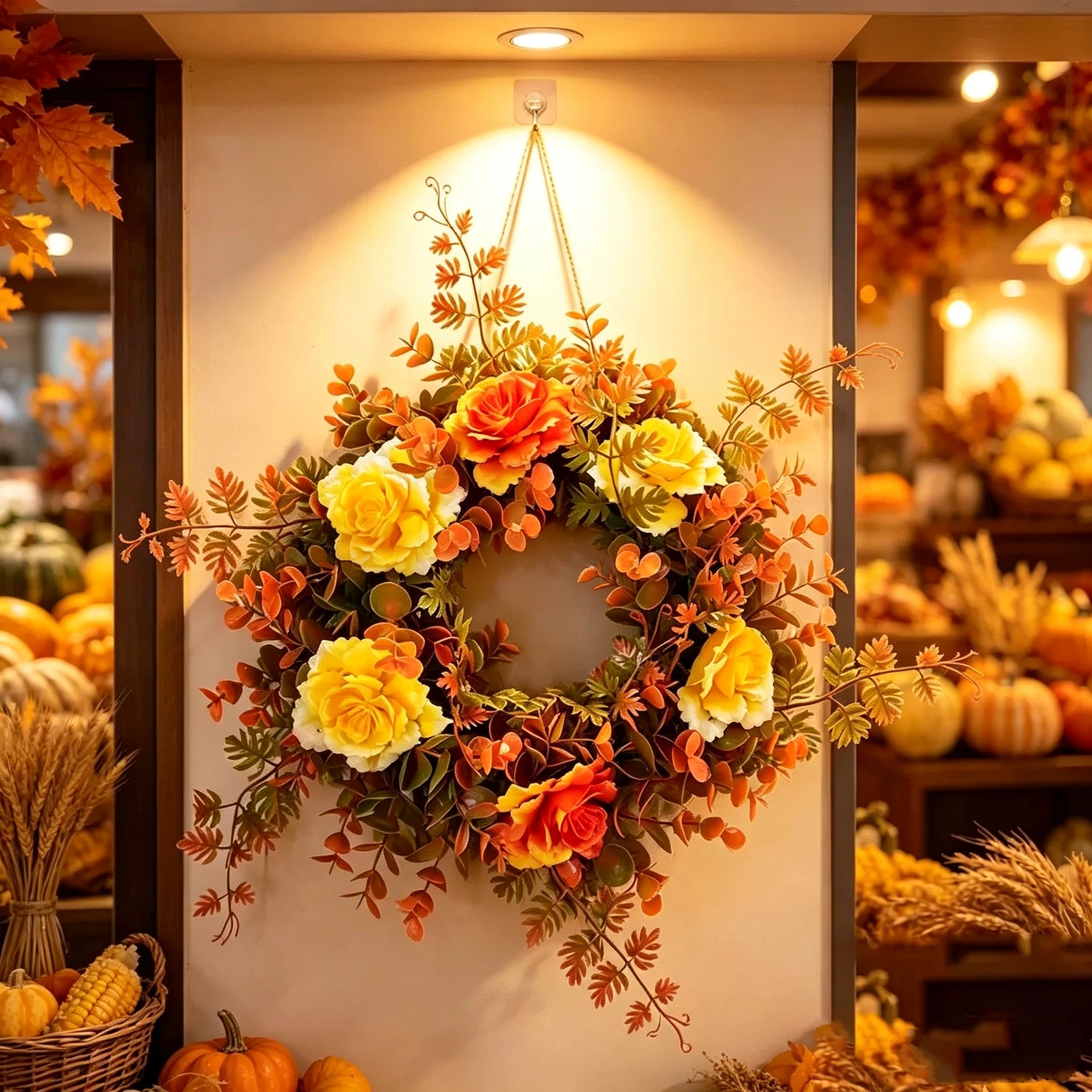 Couronne de Roses et Eucalyptus, 30 cm, Décoration Murale Élégante, Ambiance Automnale, Idéale pour Mariages, Événements, et Décor de Maison
