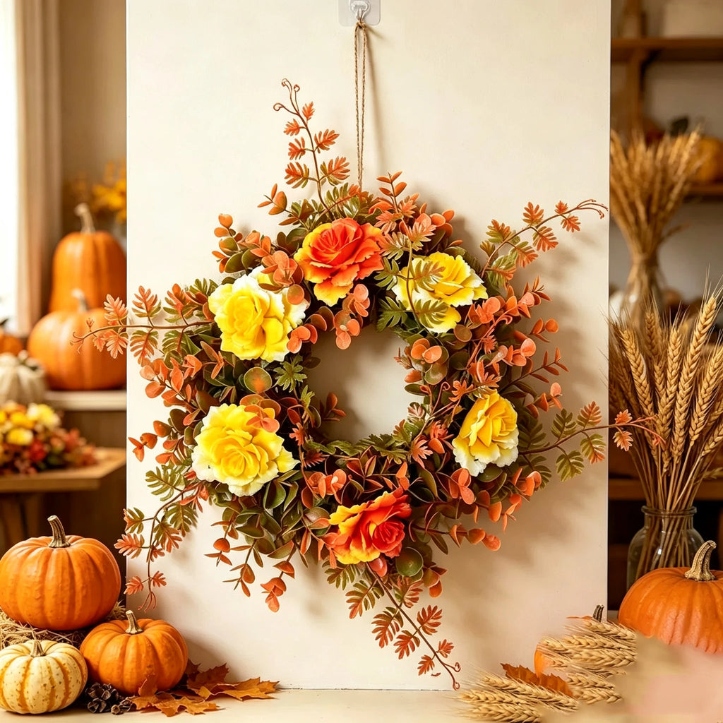 Couronne de Roses et Eucalyptus, 30 cm, Décoration Murale Élégante, Ambiance Automnale, Idéale pour Mariages, Événements, et Décor de Maison