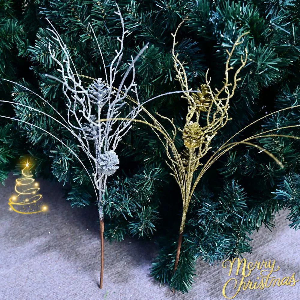 Bouquet de Noël 10 branches avec cônes de pin, décorations scintillantes or et argent, 50 cm, parfait pour mariage, décoration intérieure, Noël, événements