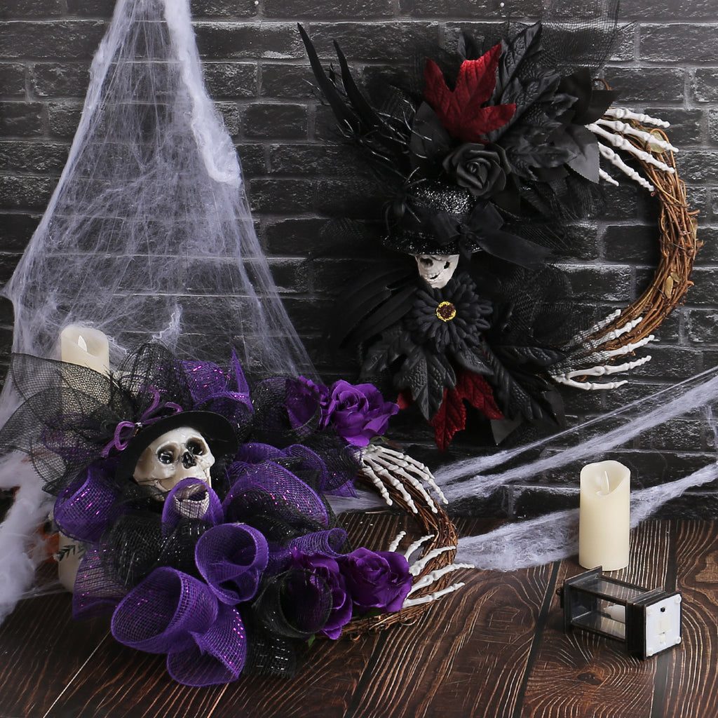 Couronne d'Halloween en Tulle avec Crâne et Branches Sèches, 45cm Rouge et 40cm Violet, Décoration de Fête, Idéal pour Mariages, Intérieur ou Extérieur