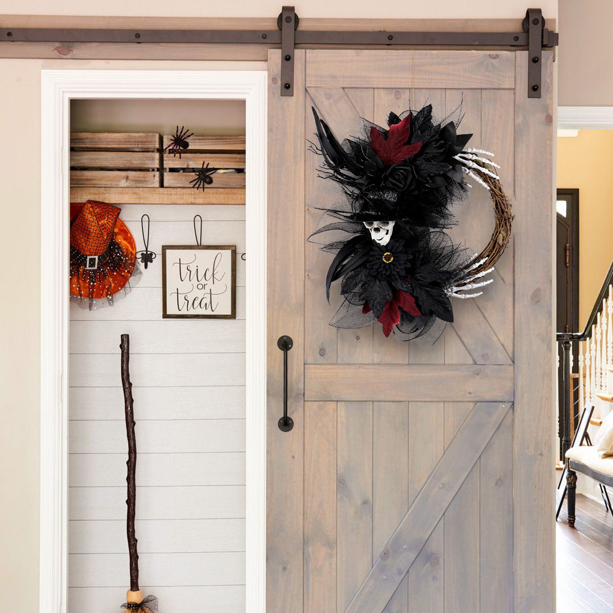 Couronne d'Halloween en Tulle avec Crâne et Branches Sèches, 45cm Rouge et 40cm Violet, Décoration de Fête, Idéal pour Mariages, Intérieur ou Extérieur