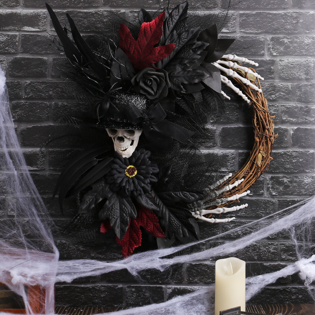 Couronne d'Halloween en Tulle avec Crâne et Branches Sèches, 45cm Rouge et 40cm Violet, Décoration de Fête, Idéal pour Mariages, Intérieur ou Extérieur
