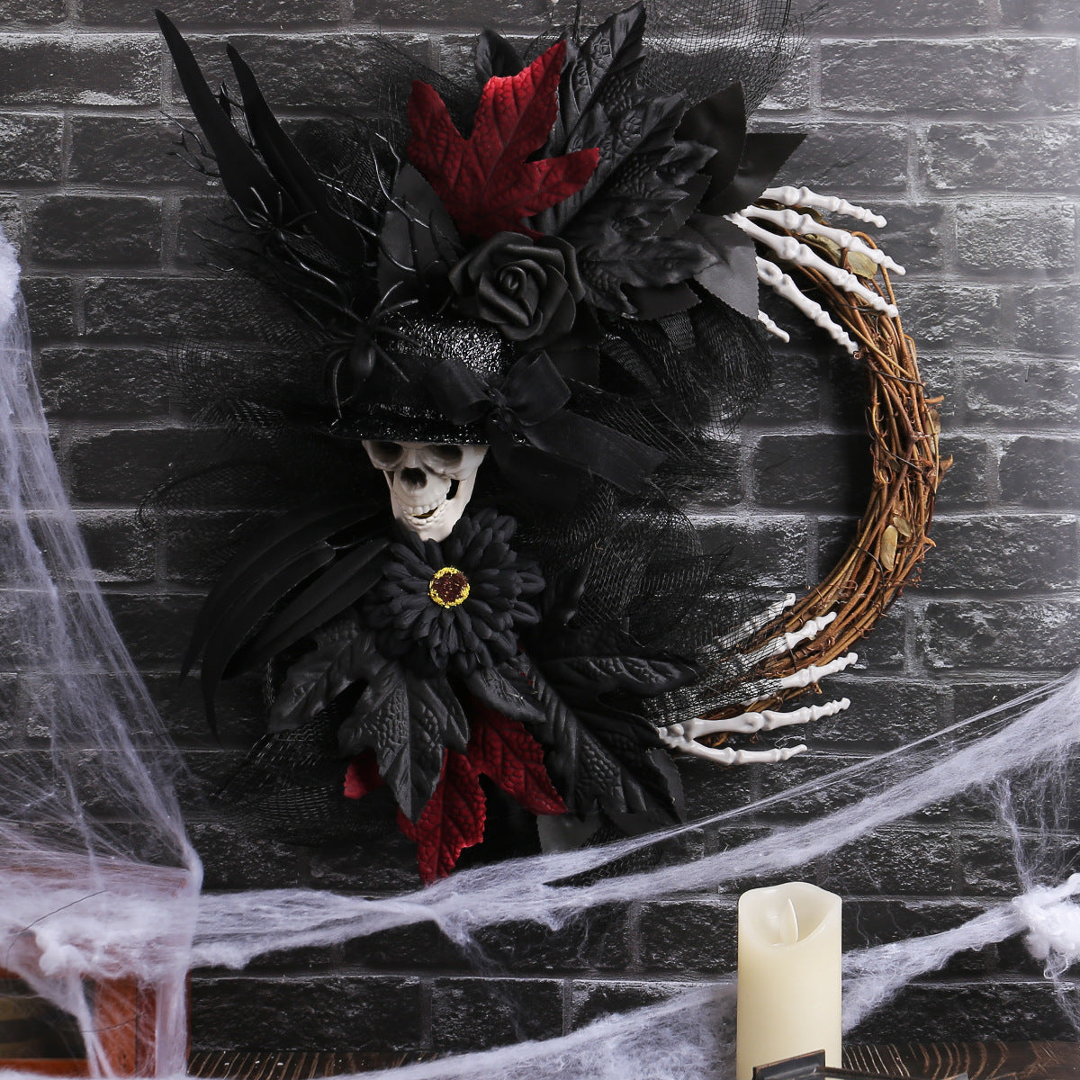 Couronne d'Halloween en Tulle avec Crâne et Branches Sèches, 45cm Rouge et 40cm Violet, Décoration de Fête, Idéal pour Mariages, Intérieur ou Extérieur