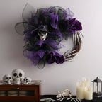 Couronne d'Halloween en Tulle avec Crâne et Branches Sèches, 45cm Rouge et 40cm Violet, Décoration de Fête, Idéal pour Mariages, Intérieur ou Extérieur