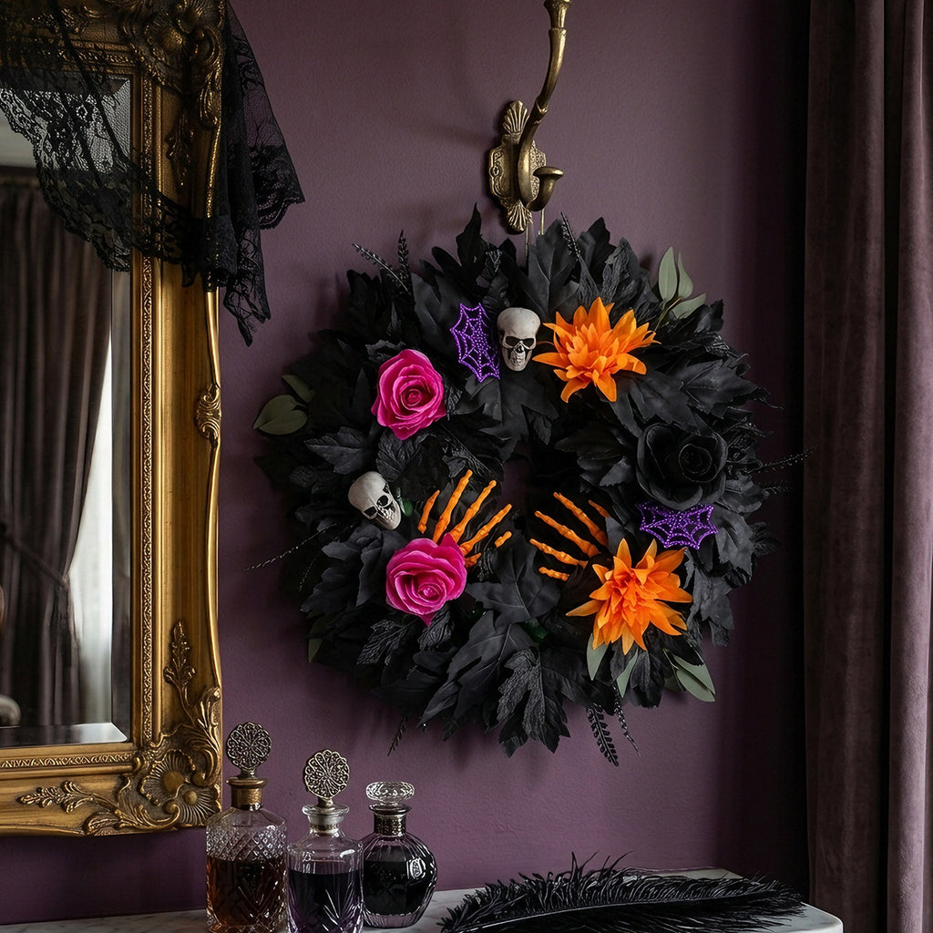 Couronne d'Halloween en Fleurs Noires, 50cm, Décoration Élégante, Ambiance Festive, Parfait pour Mariages, Cafés et Décorations Extérieures