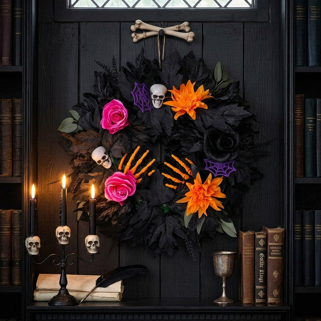 Couronne d'Halloween en Fleurs Noires, 50cm, Décoration Élégante, Ambiance Festive, Parfait pour Mariages, Cafés et Décorations Extérieures