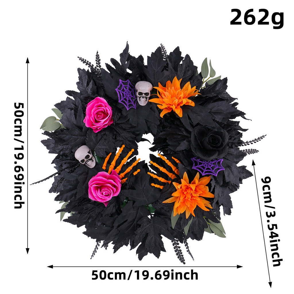 Couronne d'Halloween en Fleurs Noires, 50cm, Décoration Élégante, Ambiance Festive, Parfait pour Mariages, Cafés et Décorations Extérieures