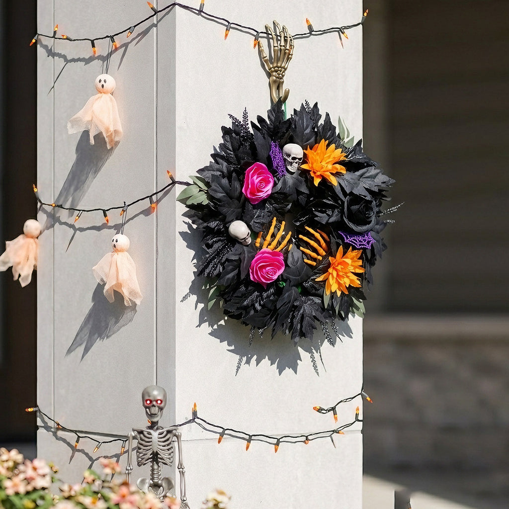 Couronne d'Halloween en Fleurs Noires, 50cm, Décoration Élégante, Ambiance Festive, Parfait pour Mariages, Cafés et Décorations Extérieures