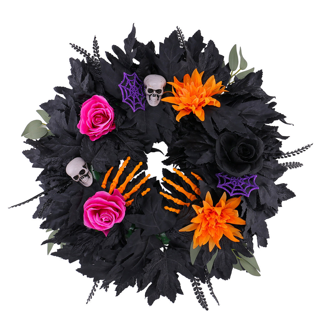 Couronne d'Halloween en Fleurs Noires, 50cm, Décoration Élégante, Ambiance Festive, Parfait pour Mariages, Cafés et Décorations Extérieures