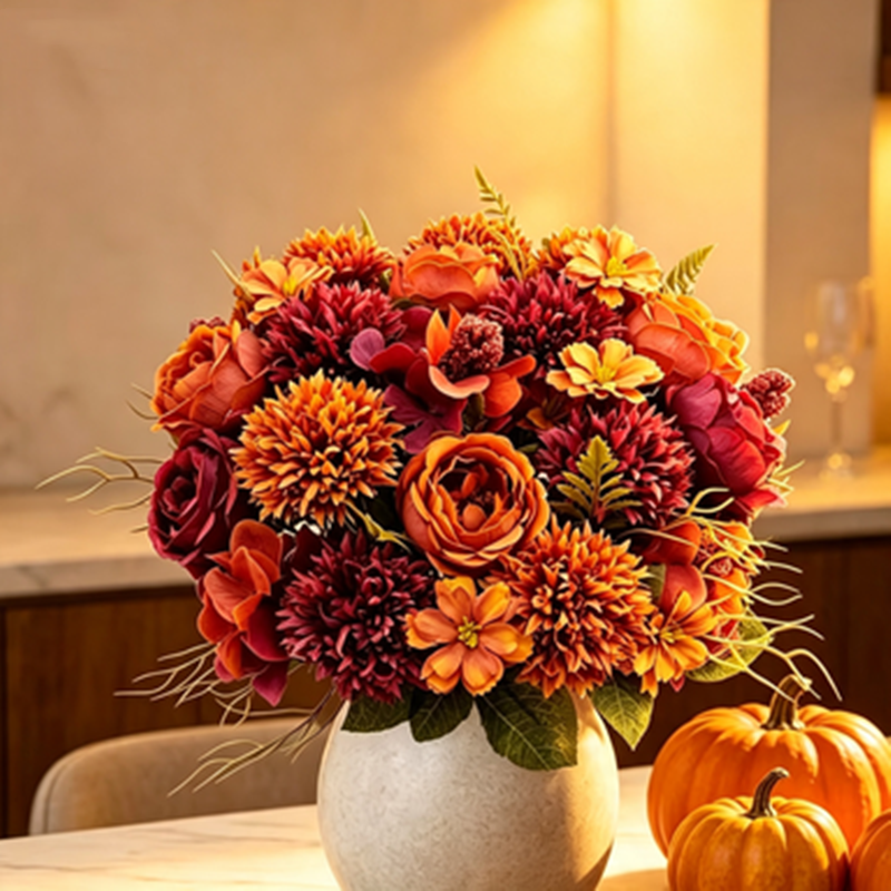 Lot de 3 Bouquets Fleurs Artificielles, Rose & Chrysanthème d'Automne, 32 cm, Style Champêtre Rétro, Décoration Maison, Mariage, Événementiel