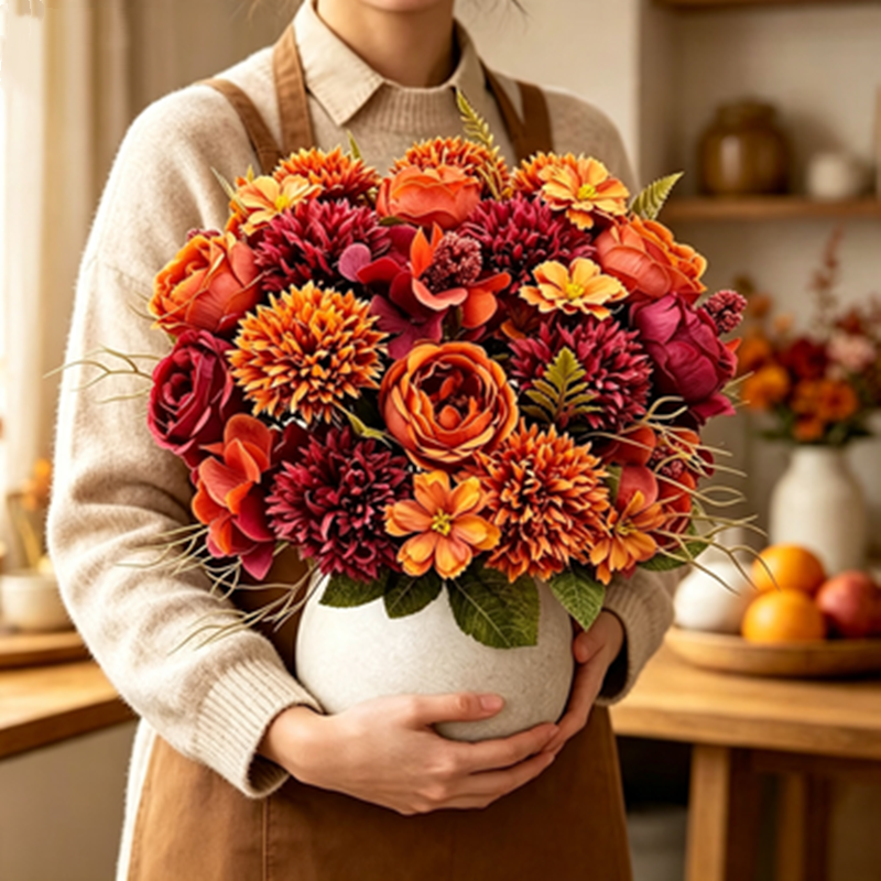 Lot de 3 Bouquets Fleurs Artificielles, Rose & Chrysanthème d'Automne, 32 cm, Style Champêtre Rétro, Décoration Maison, Mariage, Événementiel