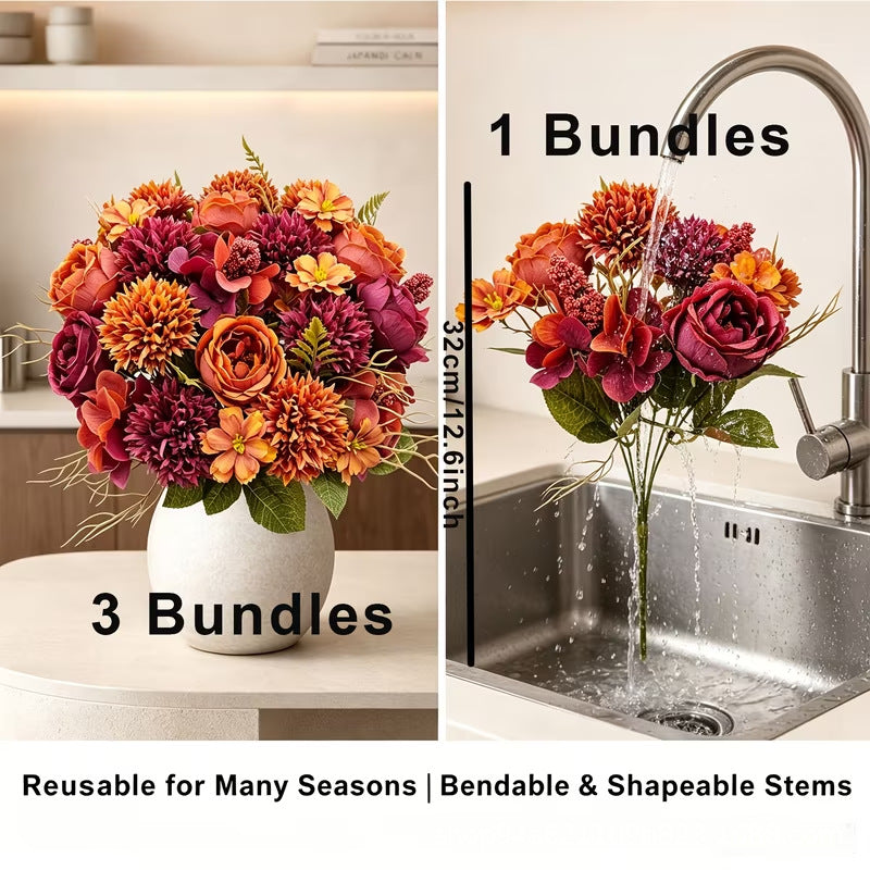 Lot de 3 Bouquets Fleurs Artificielles, Rose & Chrysanthème d'Automne, 32 cm, Style Champêtre Rétro, Décoration Maison, Mariage, Événementiel