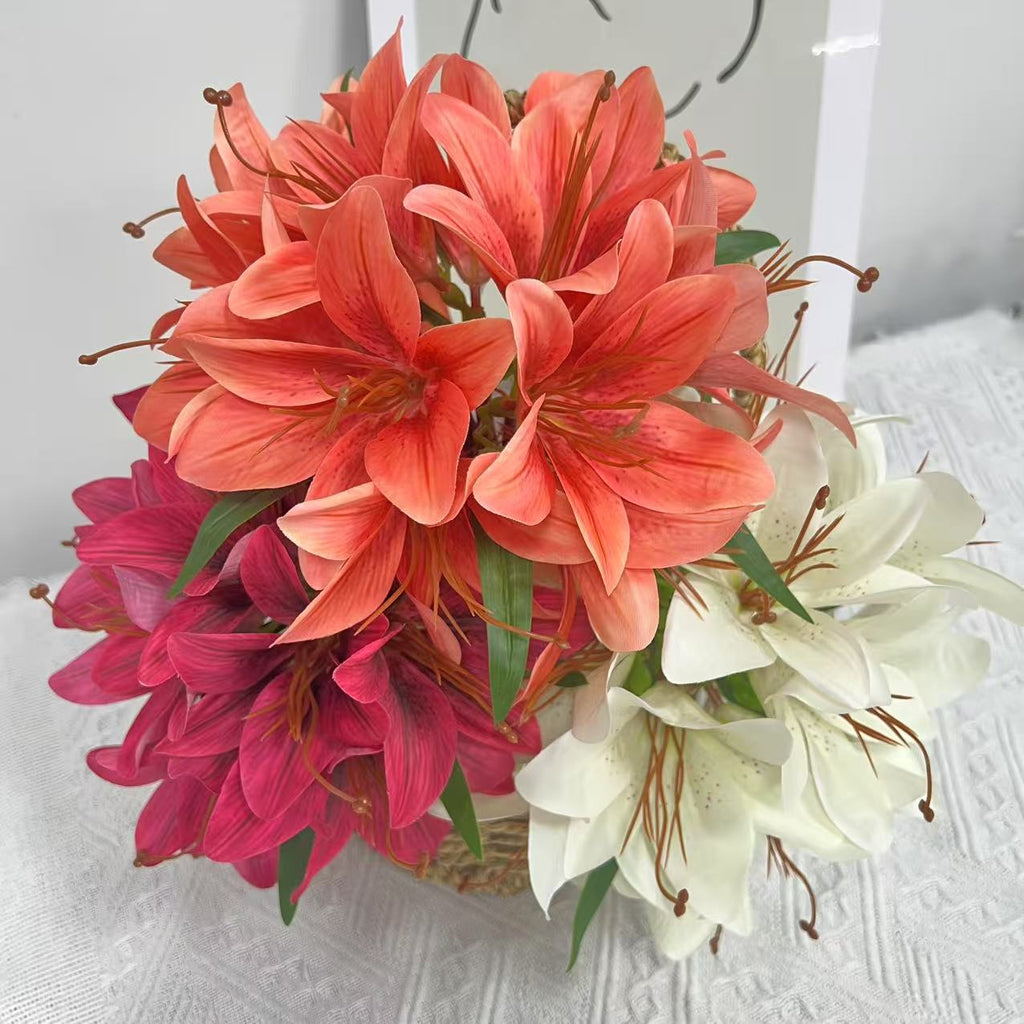 Bouquet de Lys Artificiels 30 cm, Fleurs en Soie au Rendu Naturel, pour Vase, Décoration Maison, Mariage, Ambiance Bohème et Champêtre