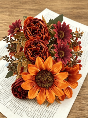 Bouquet Artificiel Tournesol & Pivoine, 30 cm, Tons d'Automne, Décoration Maison, Mariage, Ambiance Champêtre Chic