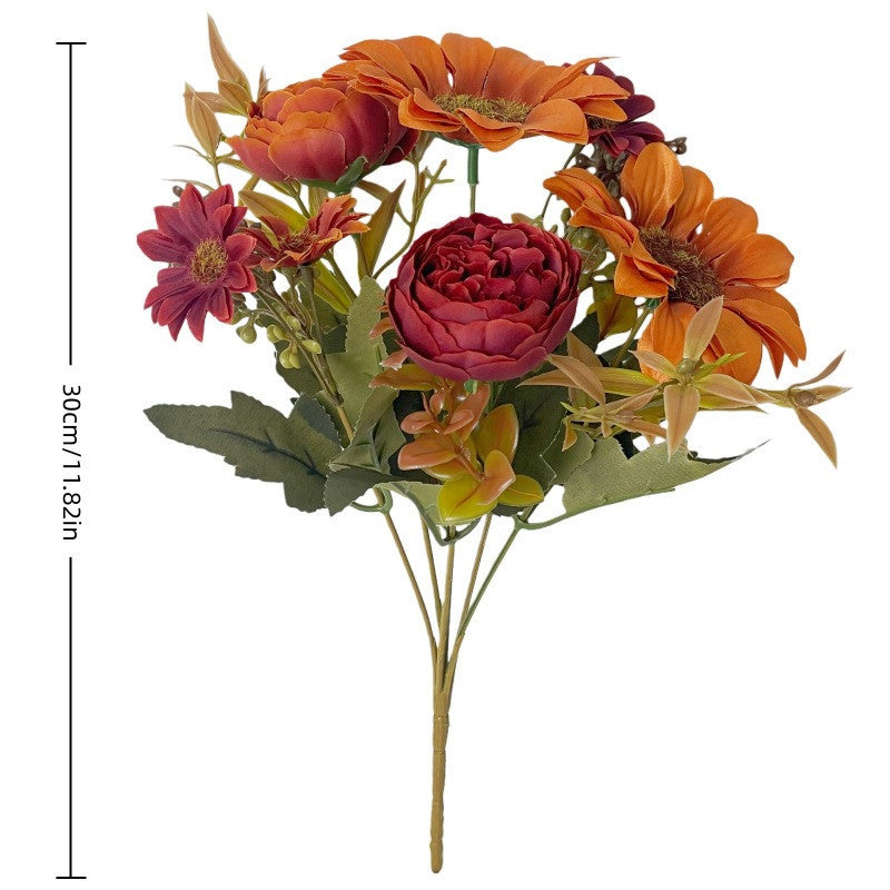 Bouquet Artificiel Tournesol & Pivoine, 30 cm, Tons d'Automne, Décoration Maison, Mariage, Ambiance Champêtre Chic
