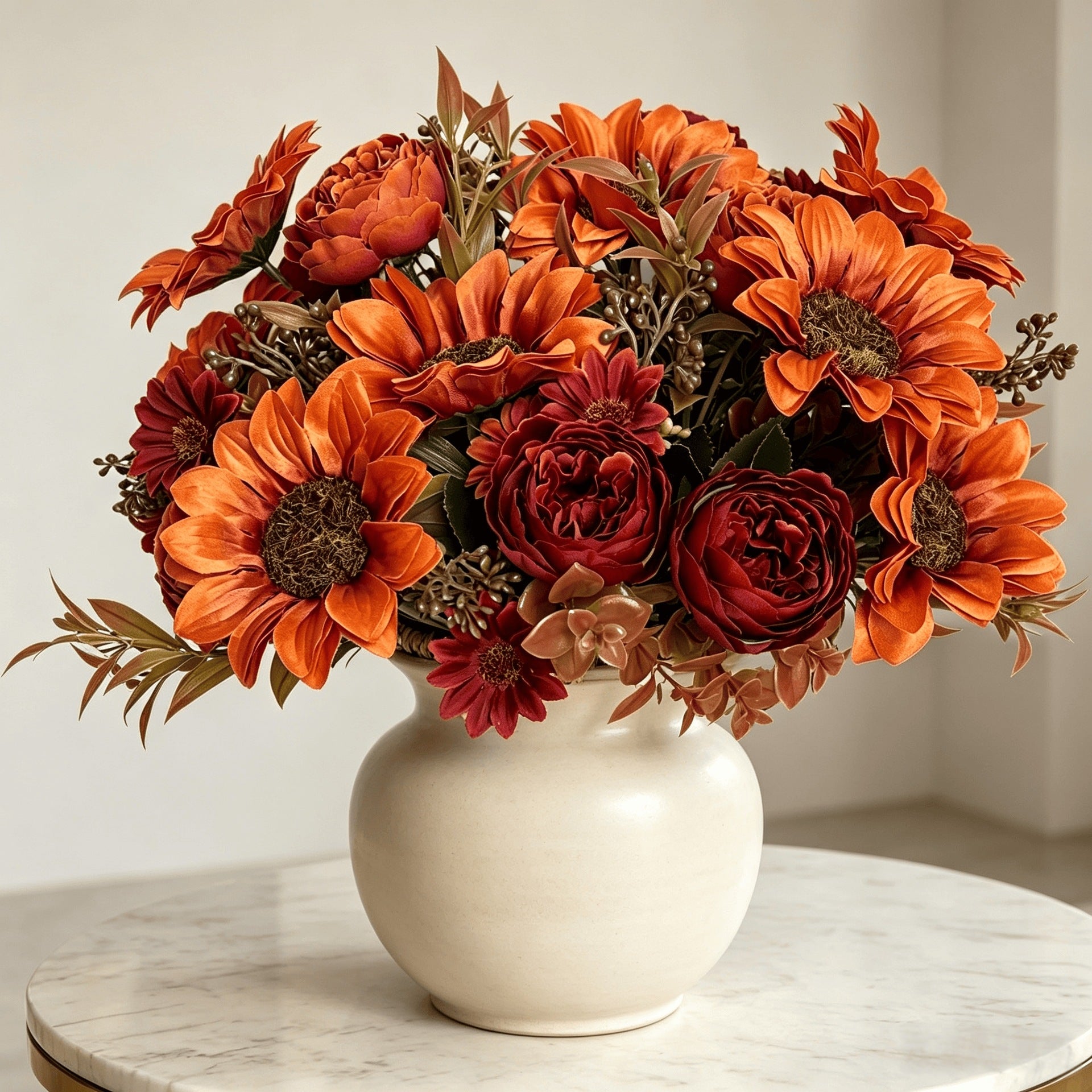 Bouquet Artificiel Tournesol & Pivoine, 30 cm, Tons d'Automne, Décoration Maison, Mariage, Ambiance Champêtre Chic