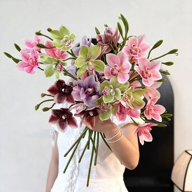 Branche Orchidée Cymbidium Artificielle 55 cm, 3 Fleurs au Réalisme Saisissant, Tige pour Bouquet, Vase, Décoration d'Intérieur, Mariage Chic et Champêtre