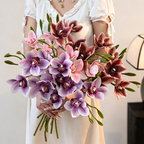 Branche Orchidée Cymbidium Artificielle 55 cm, 3 Fleurs au Réalisme Saisissant, Tige pour Bouquet, Vase, Décoration d'Intérieur, Mariage Chic et Champêtre