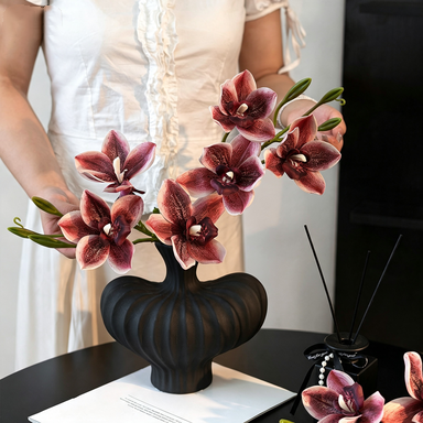 Branche Orchidée Cymbidium Artificielle 55 cm, 3 Fleurs au Réalisme Saisissant, Tige pour Bouquet, Vase, Décoration d'Intérieur, Mariage Chic et Champêtre