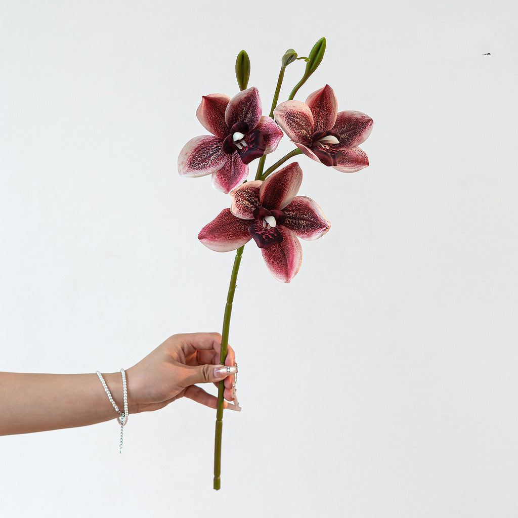 Branche Orchidée Cymbidium Artificielle 55 cm, 3 Fleurs au Réalisme Saisissant, Tige pour Bouquet, Vase, Décoration d'Intérieur, Mariage Chic et Champêtre