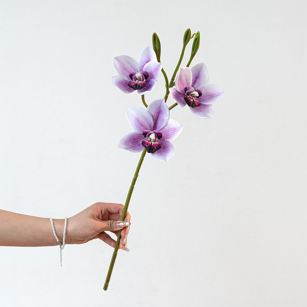 Branche Orchidée Cymbidium Artificielle 55 cm, 3 Fleurs au Réalisme Saisissant, Tige pour Bouquet, Vase, Décoration d'Intérieur, Mariage Chic et Champêtre